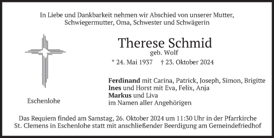 Traueranzeige von Therese Schmid von merkurtz