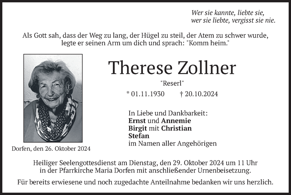  Traueranzeige für Therese Zollner vom 26.10.2024 aus merkurtz