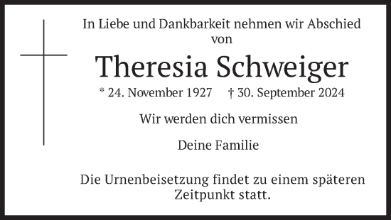 Traueranzeige von Theresia Schweiger von merkurtz