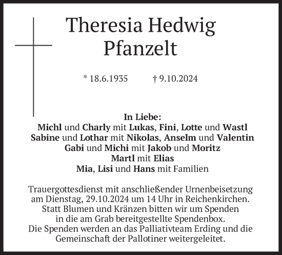 Traueranzeige von Theresia Hedwig Pfanzelt von merkurtz