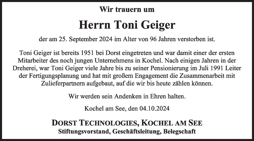  Traueranzeige für Toni Geiger vom 04.10.2024 aus merkurtz