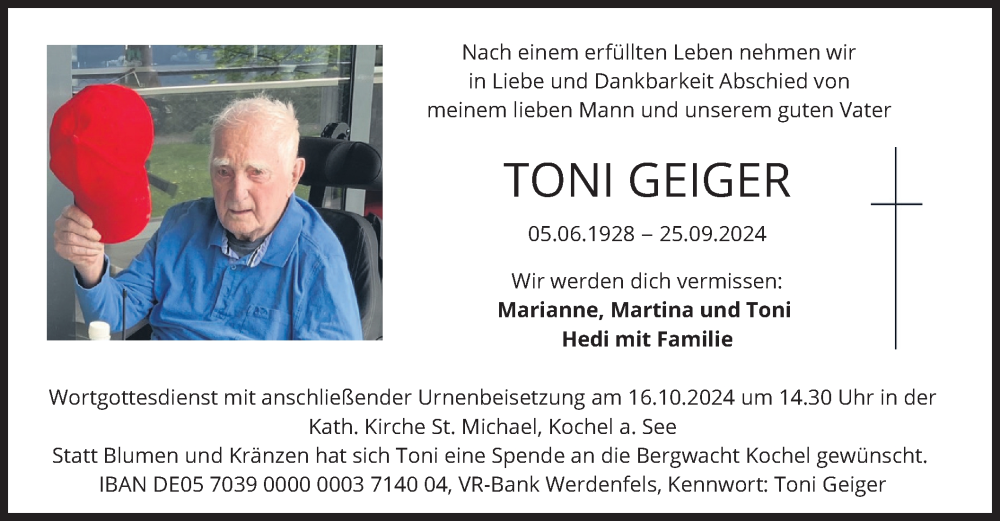  Traueranzeige für Toni Geiger vom 04.10.2024 aus merkurtz