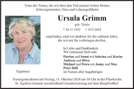 Traueranzeige von Ursula Grimm von merkurtz