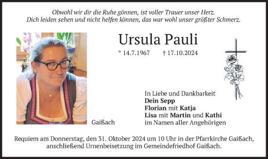 Traueranzeige von Ursula Pauli von merkurtz