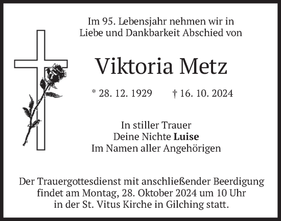 Traueranzeige von Viktoria Metz von merkurtz