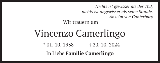 Traueranzeige von Vincenzo Camerlingo von merkurtz