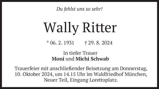 Traueranzeige von Wally Ritter von merkurtz