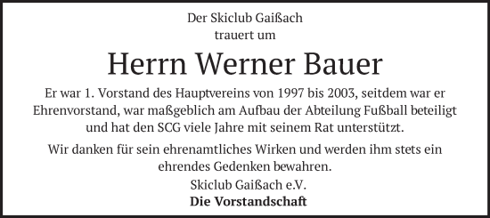 Traueranzeige von Werner Bauer von merkurtz
