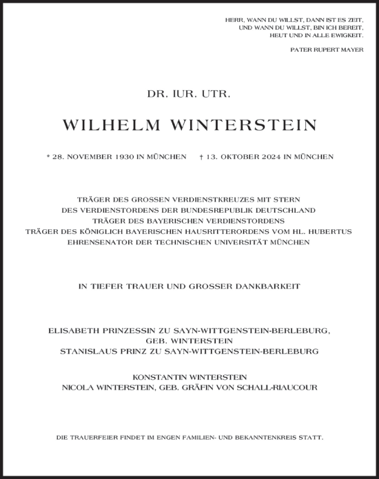 Traueranzeige von Wilhelm Winterstein von merkurtz