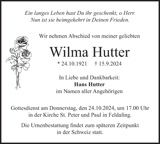 Traueranzeige von Wilma Hutter von merkurtz