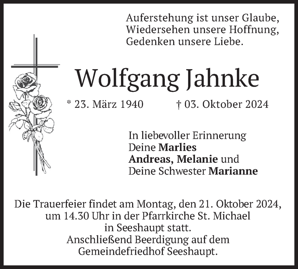  Traueranzeige für Wolfgang Jahnke vom 18.10.2024 aus merkurtz