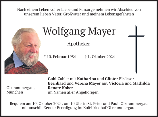 Traueranzeige von Wolfgang Mayer von merkurtz