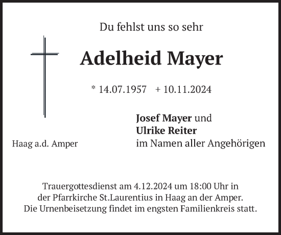 Traueranzeige von Adelheid Mayer von merkurtz