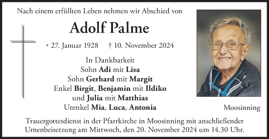 Traueranzeige von Adolf Palme von merkurtz