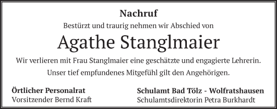 Traueranzeige von Agathe Stanglmaier von merkurtz