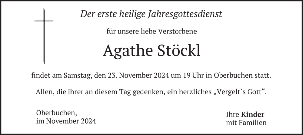  Traueranzeige für Agathe Stöckl vom 22.11.2024 aus merkurtz