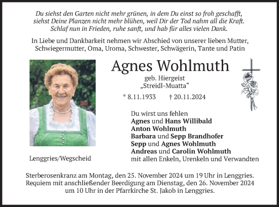 Traueranzeige von Agnes Wohlmuth von merkurtz