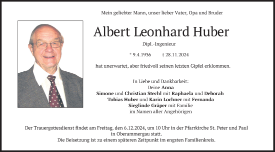 Traueranzeige von Albert Leonhard Huber von merkurtz