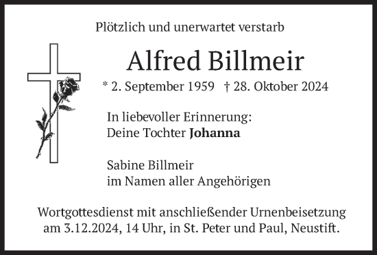 Traueranzeige von Alfred Billmeir von merkurtz