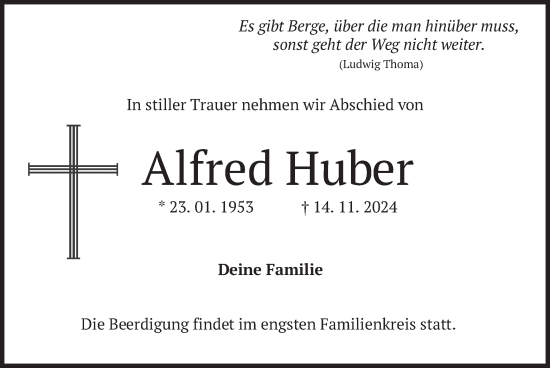 Traueranzeige von Alfred Huber von merkurtz