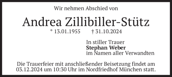 Traueranzeige von Andrea Zillibiller-Stütz von merkurtz