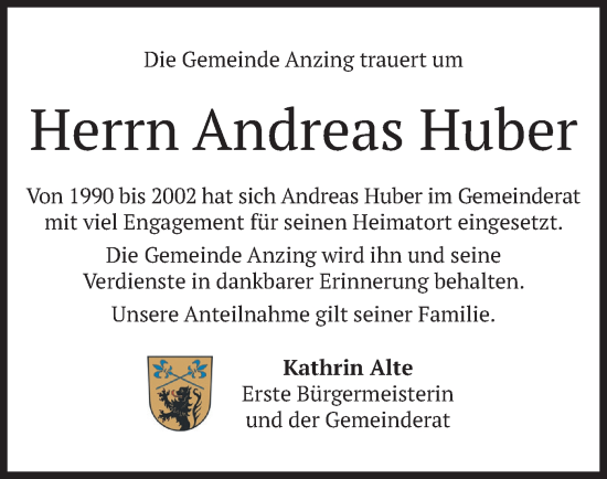 Traueranzeige von Andreas Huber von merkurtz