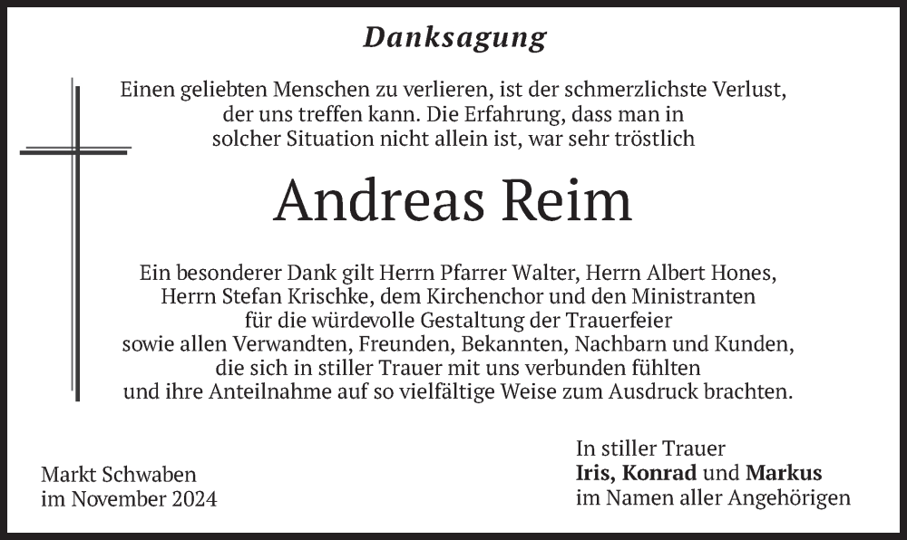  Traueranzeige für Andreas Reim vom 30.11.2024 aus merkurtz