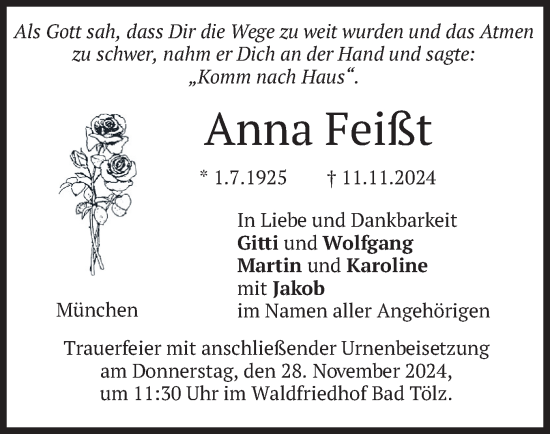 Traueranzeige von Anna Feißt von merkurtz