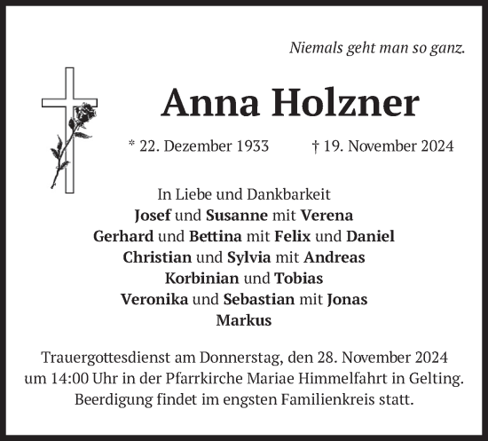 Traueranzeige von Anna Holzner von merkurtz