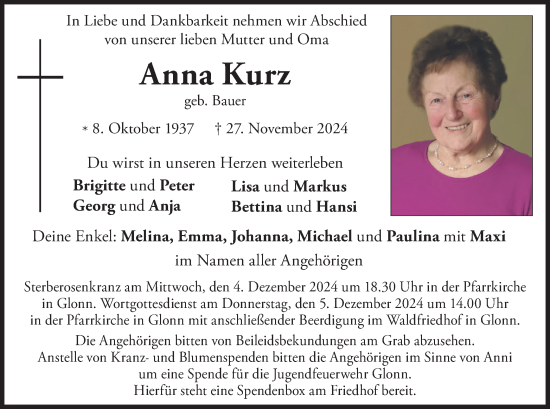 Traueranzeige von Anna Kurz von merkurtz