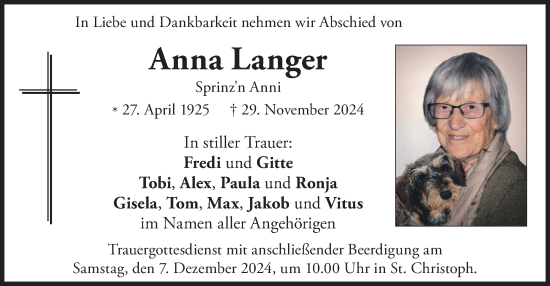 Traueranzeige von Anna Langer von merkurtz