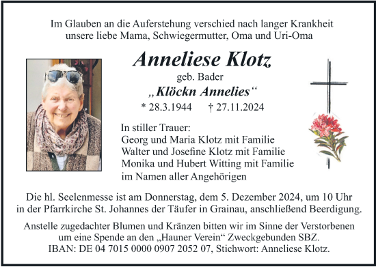 Traueranzeige von Anneliese Klotz von merkurtz