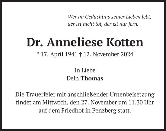 Traueranzeige von Anneliese Kotten von merkurtz