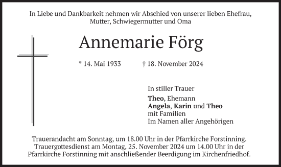 Traueranzeige von Annemarie Förg von merkurtz