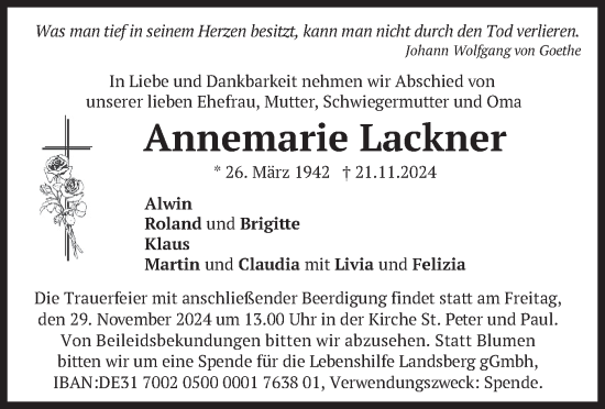 Traueranzeige von Annemarie Lackner von merkurtz