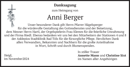 Traueranzeige von Anni Berger von merkurtz