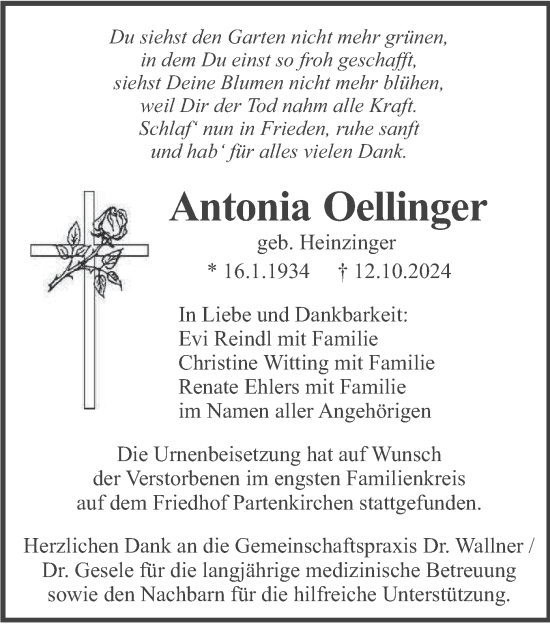 Traueranzeige von Antonia Oellinger von merkurtz