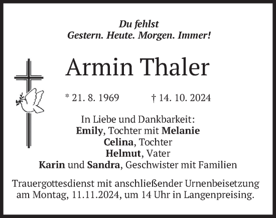 Traueranzeige von Armin Thaler von merkurtz