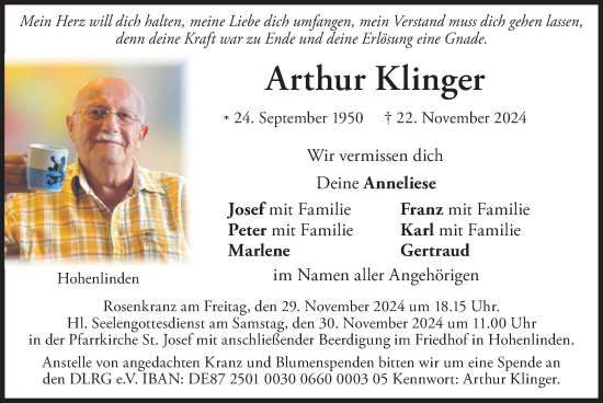 Traueranzeige von Arthur Klinger von merkurtz