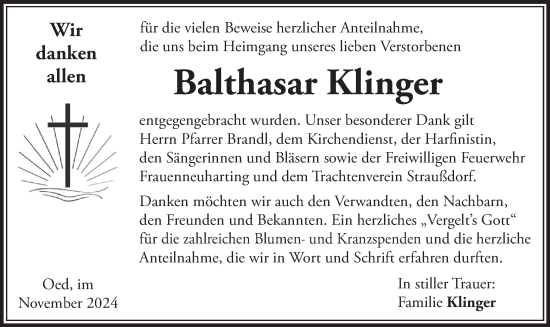 Traueranzeige von Balthasar Klinger von merkurtz