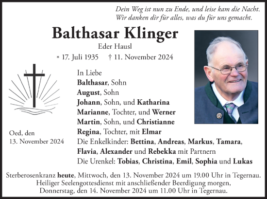 Traueranzeige von Balthasar Klinger von merkurtz