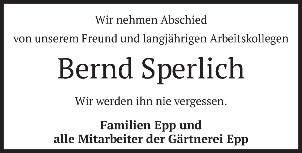  Traueranzeige für Bernd Sperlich vom 26.11.2024 aus merkurtz