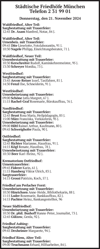 Traueranzeige von Bestattungen vom 21.11.2024 von merkurtz