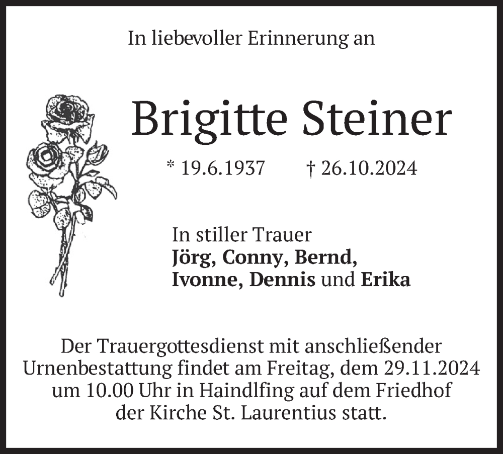  Traueranzeige für Brigitte Steiner vom 23.11.2024 aus merkurtz