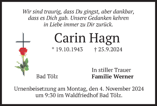 Traueranzeige von Carin Hagn von merkurtz