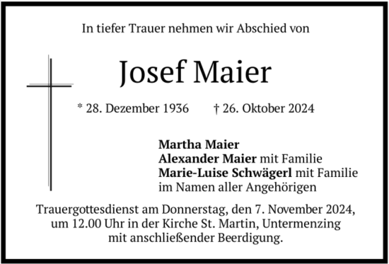 Traueranzeige von Josef Maier von merkurtz