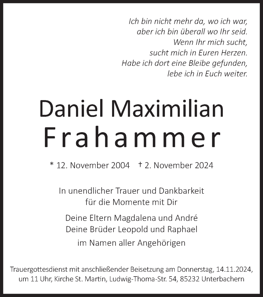  Traueranzeige für Daniel Maximilian Frahammer vom 09.11.2024 aus merkurtz