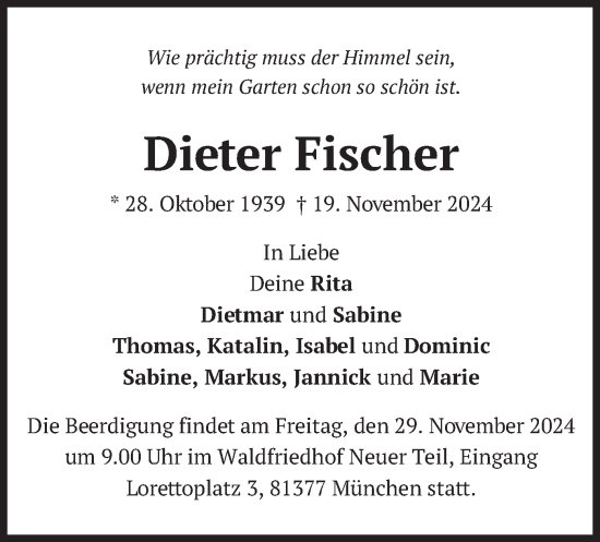 Traueranzeige von Dieter Fischer von merkurtz