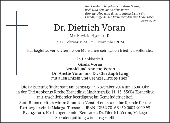 Traueranzeige von Dietrich Voran von merkurtz