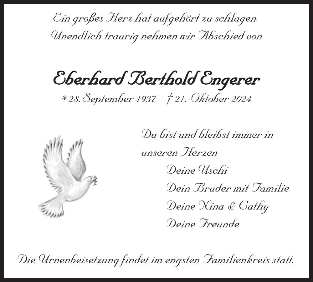  Traueranzeige für Eberhard Berthold Engerer vom 02.11.2024 aus merkurtz